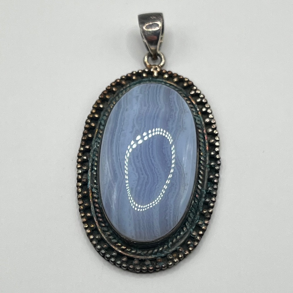 Vintage Sterling Silver Blue Lace Agate Pendant Oval Beaded Edge Setting 925‎